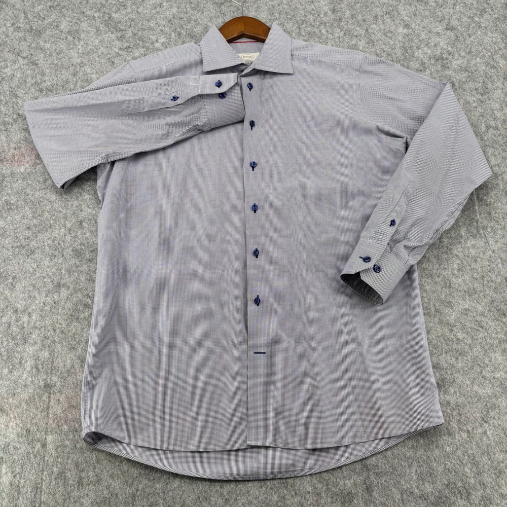 Eton Contemporary Fit Dress Shirt Mens 16.5 42 Blue White Micro Check Cotton LS